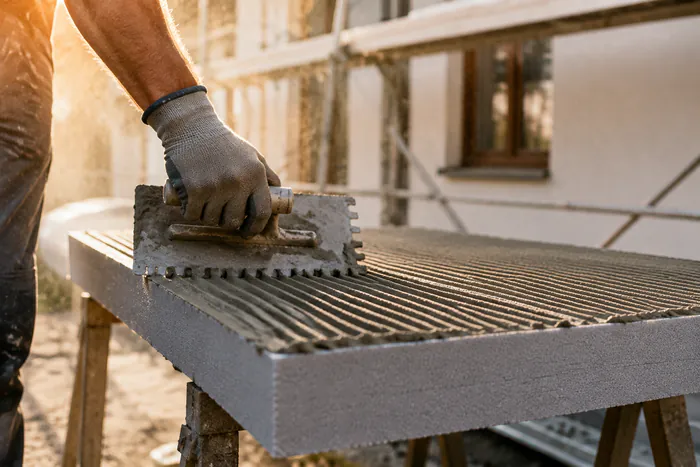 Handwerker trägt mit einer Zahnkelle Kleber auf eine Dämmplatte auf
