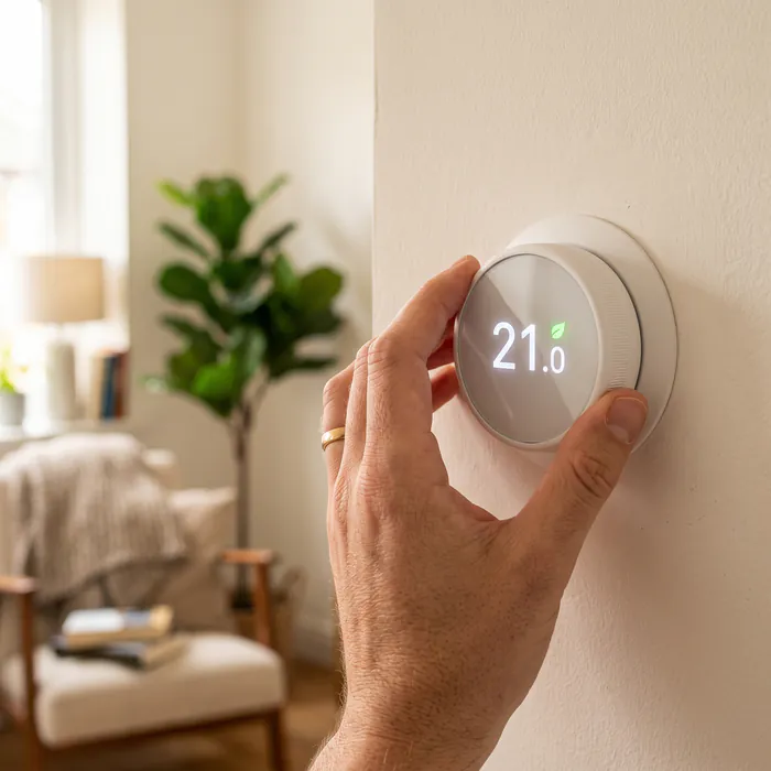 Modernes Raumthermostat an einer Wand zeigt 21 Grad