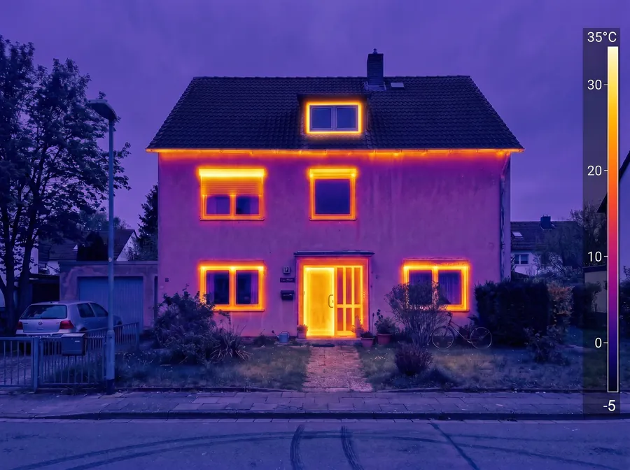 Wärmebild desselben Hauses mit deutlichen Verlusten an Fenstern, Rollladenkästen und Dachkante