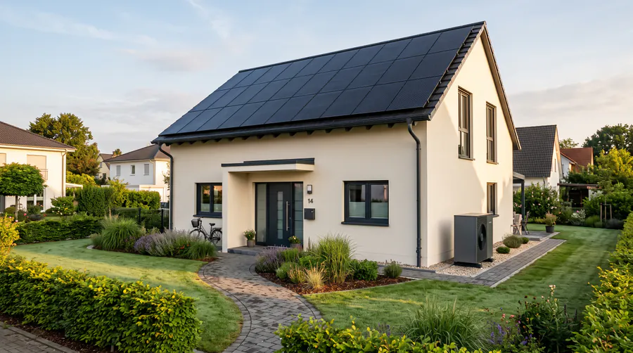 Frisch saniertes Einfamilienhaus im Morgenlicht mit Photovoltaikanlage