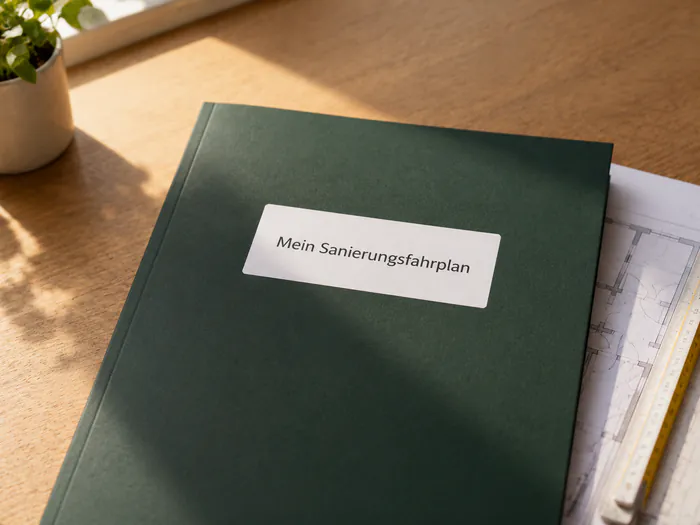 Aufgeschlagene Mappe „Mein Sanierungsfahrplan" mit Maßnahmenübersicht auf einem Tisch
