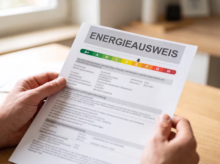 Energieausweis mit farbiger Effizienzskala in den Händen des Beraters