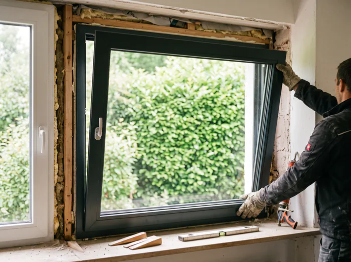 Neues Fenster mit anthrazitfarbenem Rahmen wird eingebaut
