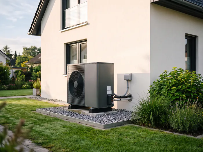 Wärmepumpen-Außeneinheit auf einem Kiesbett an der Hauswand