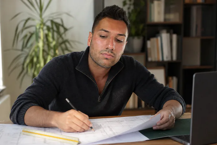 Energieberater arbeitet am Schreibtisch an der Berechnung eines Sanierungsfahrplans
