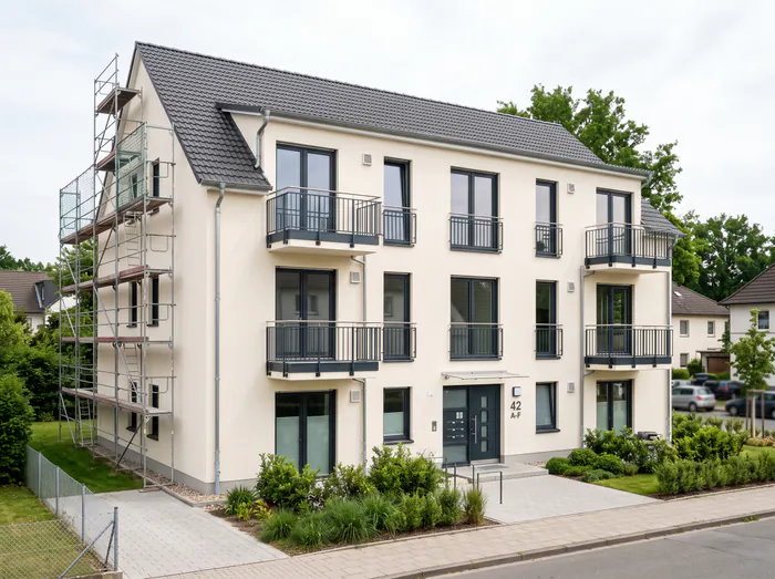 Kleines Mehrfamilienhaus nach der energetischen Sanierung mit neuer Fassade und Fenstern