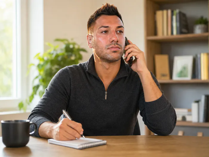 Energieberater telefoniert am Schreibtisch und macht sich Notizen