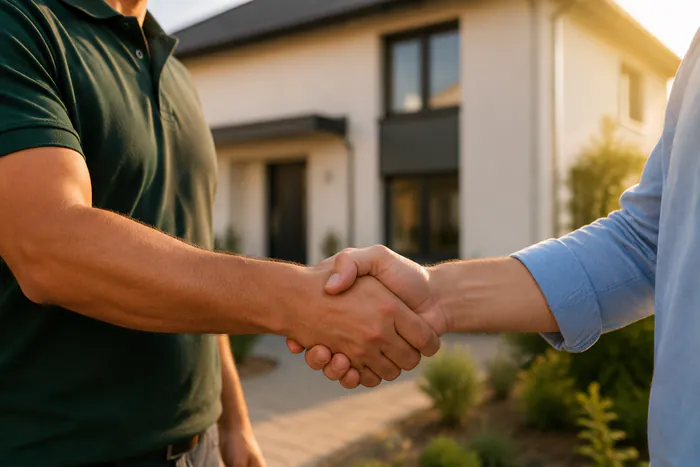 Handschlag zwischen Energieberater und Hauseigentümer vor der Haustür